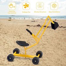 Yellow ride-on sand digger with black digging shovel, four wheels, and round seat