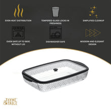 Glass baking dish with lid, leaf pattern, black trim and knob