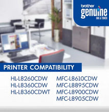 Black toner cartridge packaging with printer compatibility list