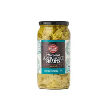 Wellsley Farms marinated artichoke hearts jar, green artichoke pieces in brine