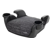 No-back booster car seat with dark fabric and two cup holders, headrest support