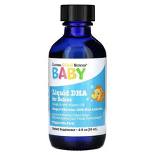 Baby liquid DHA supplement bottle with black cap and blue label featuring a goldfish