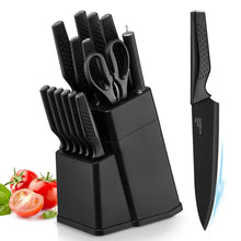 Black knife block set with multiple stainless knives and ergonomic handles