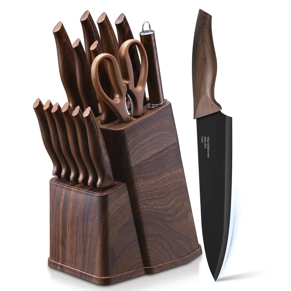 Vesteel Knife Set for Kitchen with Block, 15 Pcs High Carbon Stainless Steel Kitchen Knife Set with Self Sharpening - USA MEGA SHOP