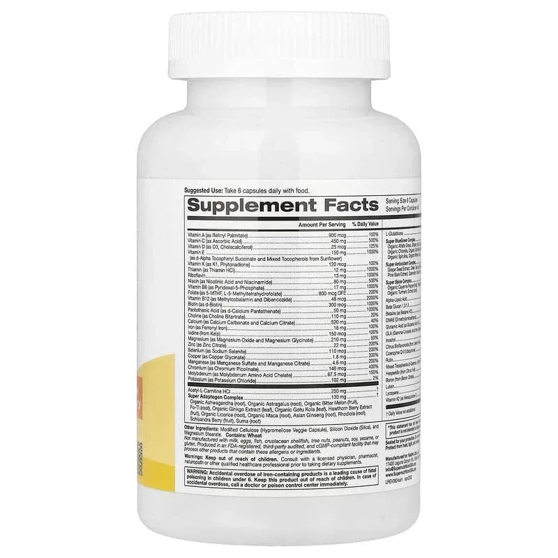 Super Nutrition, Super Immune+ Multivitamin with Super Adaptogens, Vitamin C, Vitamin D, Zinc, and Beta Glucan, 90 Veggie Capsules