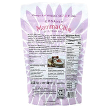 Organic chia seed bag back with Nutrition Facts and ingredient text