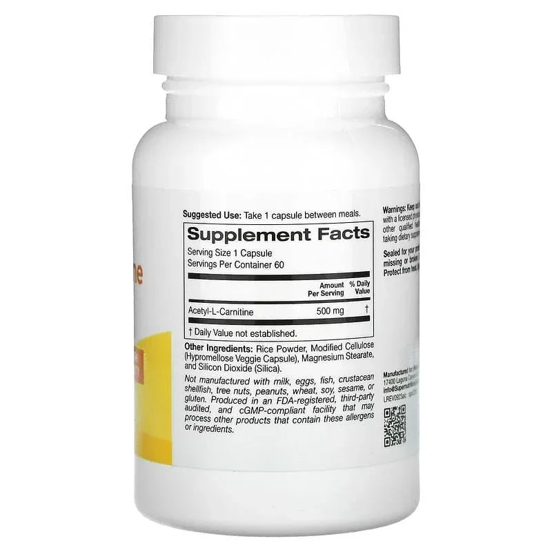 Super Nutrition, Acetyl-L-Carnitine, 500 mg, 60 Veggie Capsules