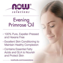 Evening primrose oil benefits panel with NOW solutions logo and woman portrait