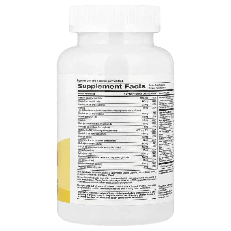 Super Nutrition, Prenatal Multivitamin with Super Greens, Spice Complex, Vitamin C, Choline and Folate, 240 Veggie Capsules - USA MEGA SHOP