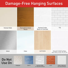 Damage-free hanging surfaces guide listing painted walls, tile, metal, glass, and more