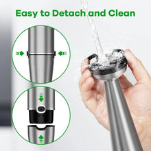 Immersion blender with detachable blade end, stainless steel shaft and black base