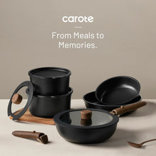 Black nonstick cookware set with pots, frying pan, and detachable wooden handles