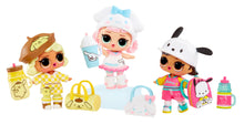 Set of three LOL-style dolls with animal hats and accessories, plus bottles and bags