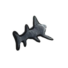 Shark plush dog toy, side view with fin details and stitched red mouth.