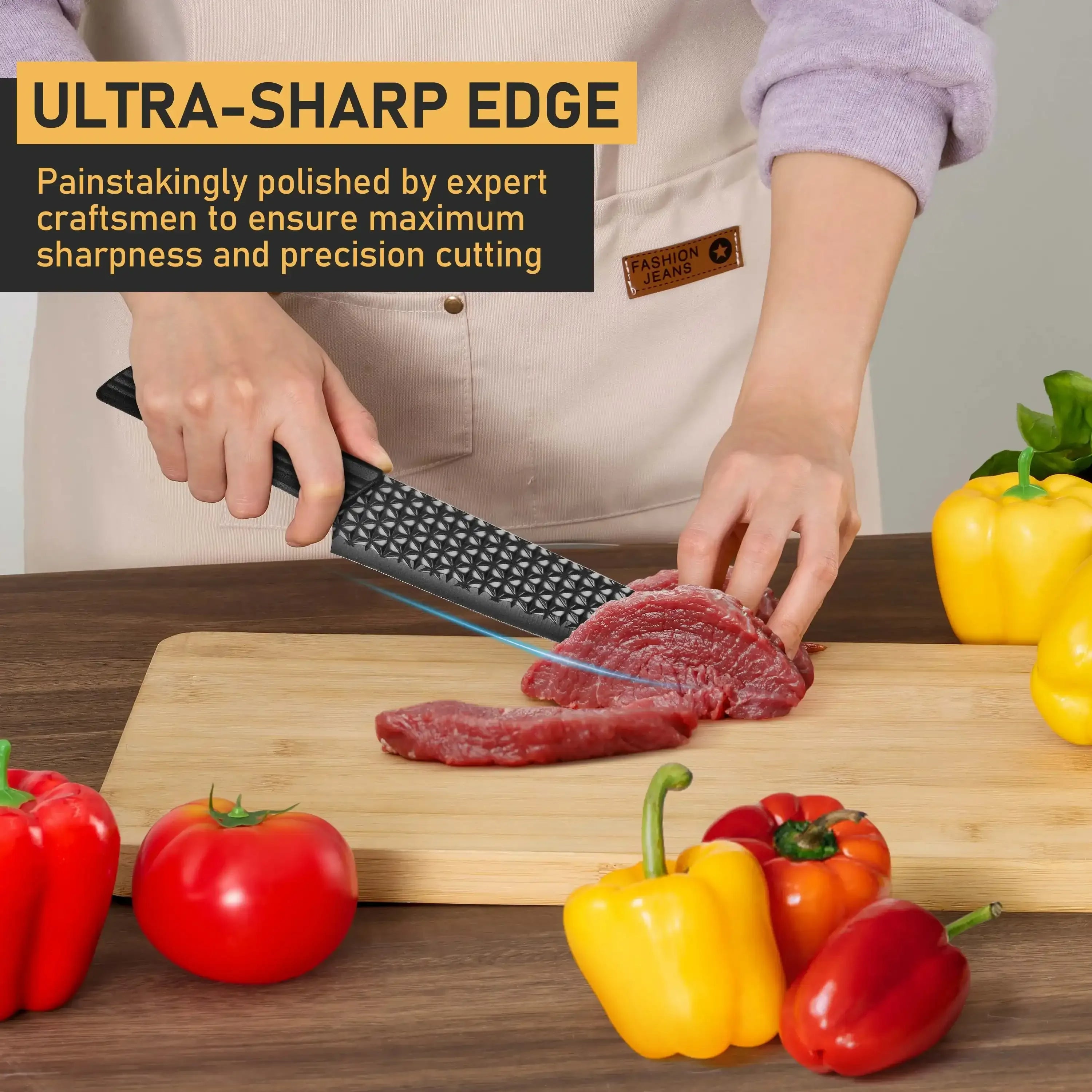 Vesteel Kitchen Knife Set of 7, Professional Stainless Steel Knives Set for Kitchen with Universal Knife Block - Khaki - USA MEGA SHOP