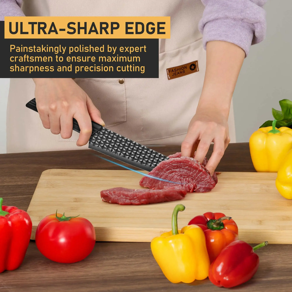 Vesteel Kitchen Knife Set of 7, Professional Stainless Steel Knives Set for Kitchen with Universal Knife Block - Khaki - USA MEGA SHOP
