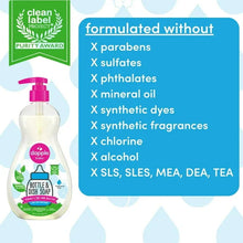 Baby bottle and dish soap bottle with pink pump, side label listing no-paraben claims
