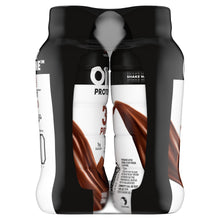 Oikos protein shake bottle, chocolate flavor, black cap and front label