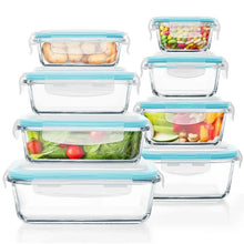 Glass food storage containers set with blue locking lids, filled with assorted meal ingredients