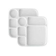 White square divided microwave-safe tray with multiple compartments for snacks