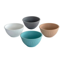 Microwave-safe bowl set of four nesting bowls in gray, blue, white, and tan