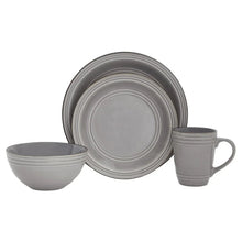 Grey dinnerware set with round plate, bowl, and mug