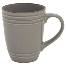 Grey ceramic mug with ridged sides and curved handle