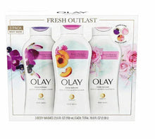 Olay Fresh Outlast 3-pack body wash bottles on retail box front