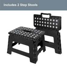 2-pack foldable plastic step stools, black, with dot-pattern anti-slip top and carry handle