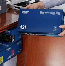 Brother TN431 cyan toner cartridge box, blue with 431 on front