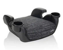 No-back booster car seat with dark textured seat, flip-up cup holders and side supports