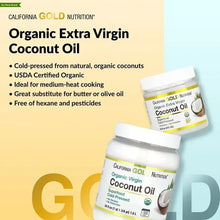 Organic extra virgin coconut oil info graphic showing jar and container.