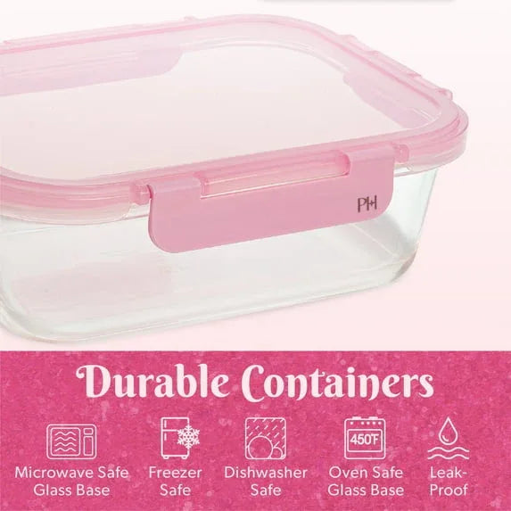 Paris Hilton 2-Piece Glass Food Storage Containers with Lids for Meal Prep, Microwave & Dishwasher Safe, Leak-Proof, 4.3 Cup Capacity, Pink