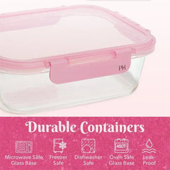 Paris Hilton 2-Piece Glass Food Storage Containers with Lids for Meal Prep, Microwave & Dishwasher Safe, Leak-Proof, 4.3 Cup Capacity, Pink