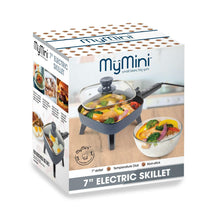 MyMini 7-inch electric skillet retail box with skillet and glass-lid illustration