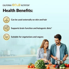 Coconut oil label graphic with health benefits and simple icon callouts.