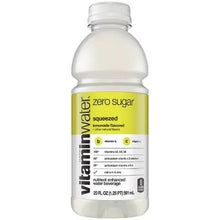 Zero sugar water bottle labeled squeezed, lemonade flavored, with vitamins and minerals