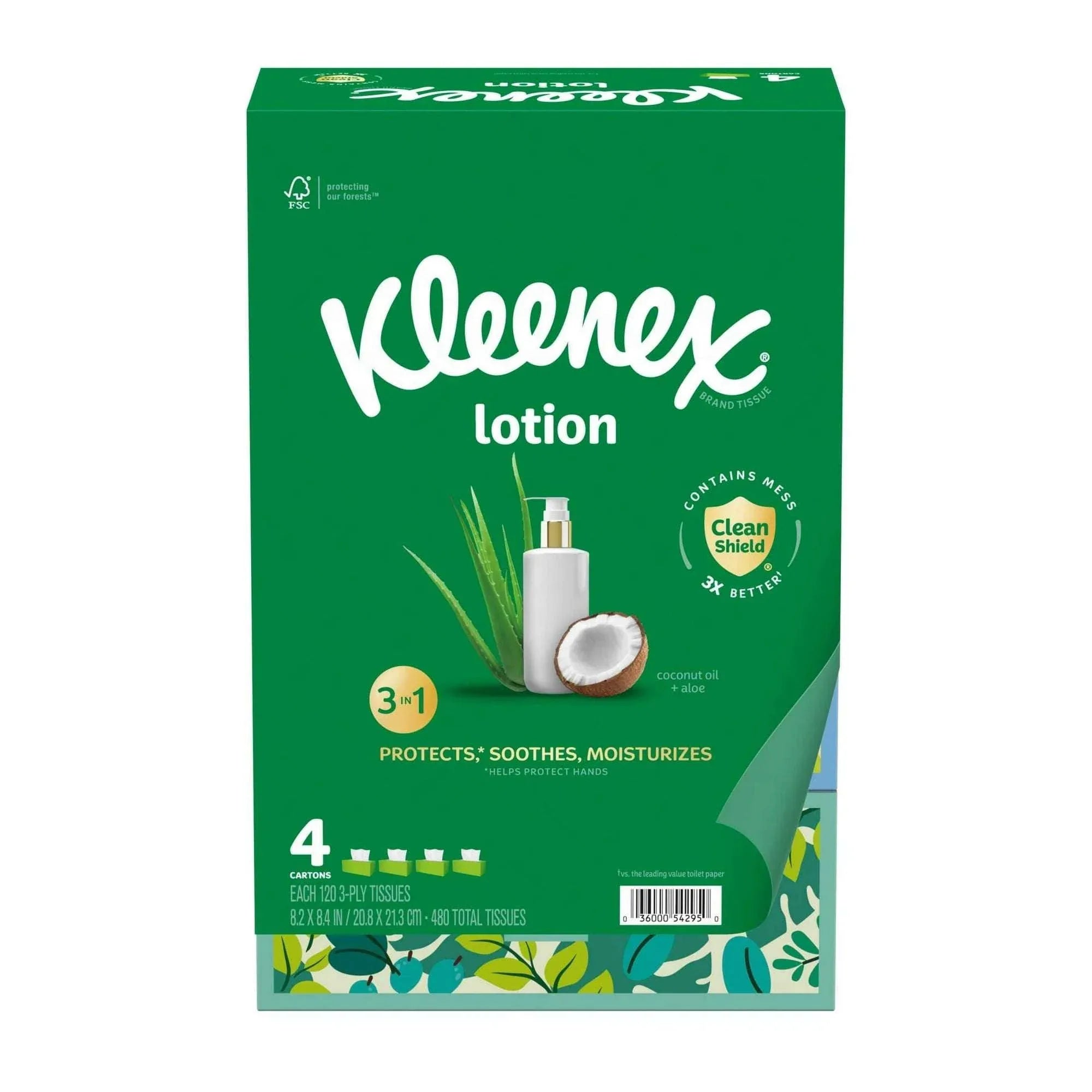 Kleenex Lotion Facial Tissues with Coconut Oil, 4 Flat Boxes, 120 Tissues Per Box, 3-Ply - USA MEGA SHOP