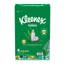 Kleenex lotion facial tissues box, green with coconut oil and Clean Shield icons