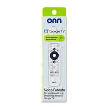 Onn voice remote retail box with Google TV branding and button layout