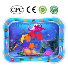 Inflatable water tummy time mat by BUSATIA, blue border with purple ocean sea-life