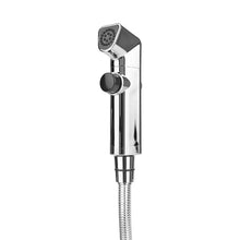Handheld bidet sprayer with chrome head, small spray face, and round control knob