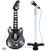 Black kids flash guitar toy with microphone on stand, strap, and light panel
