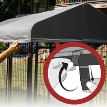 Covered black metal dog kennel with wire privacy screen and front gate