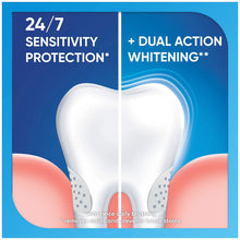 Sensodyne Advanced Whitening toothpaste box front with tooth icon and dual action label.