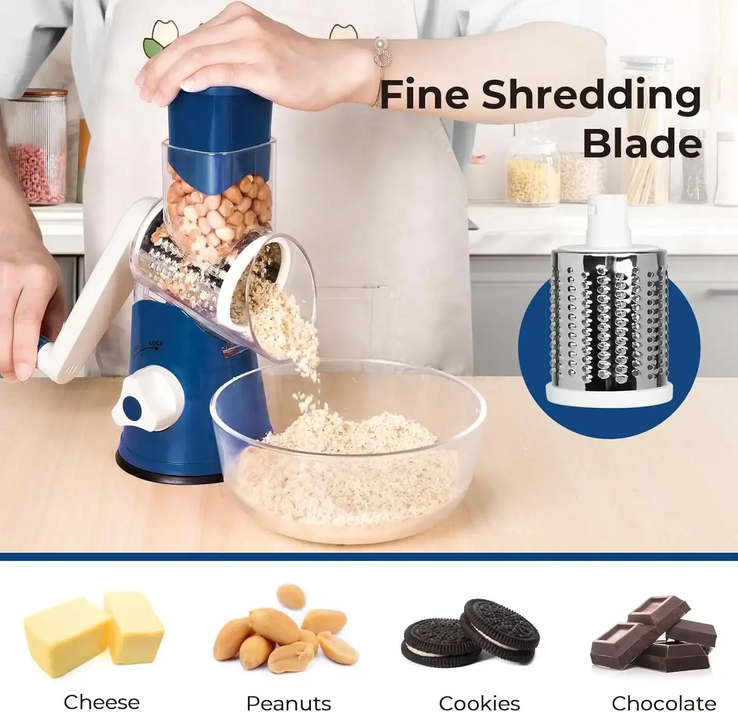 3 in 1 Cheese Grater Rotary, Cheese Shredder Grater for Kitchen Grater Slicer with 3 Replacement Blades, Potato Slicer Vegetable Chopper with Suction Base