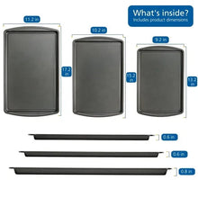 Set of three gray nonstick baking trays in different rectangular sizes with raised edges