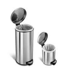 Stainless steel step-on trash can combo with open lids and black pedal openings