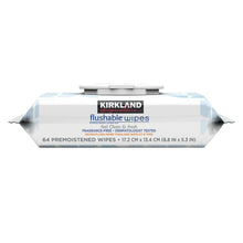 Kirkland flushable wipes carton, 64 premoistened wipes displayed