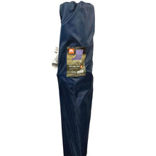 Folded blue camping chair in a fabric carry bag with logo patch